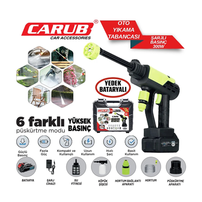 Carub Oto Yıkama Tabancası Şarjlı 300W Yedek Bataryalı BR0922545