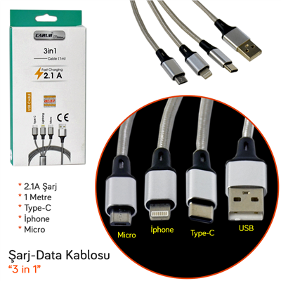 Carub Şarj Kablo 3 lü İphone+Mikro USB+Type-C 1 Mt BR5901824