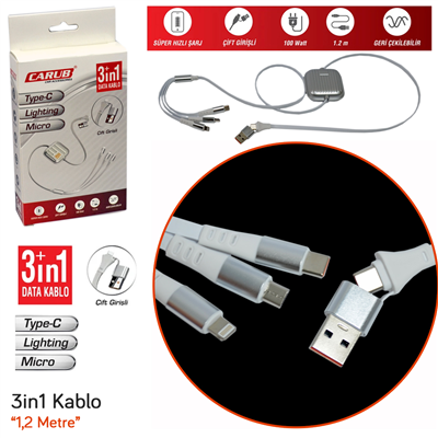 Carub Şarj Kablosu Ayarlı 3in1 Usb+Type-C+Lightning (Çift Giriş) 1,2 mt 100W BR5901869