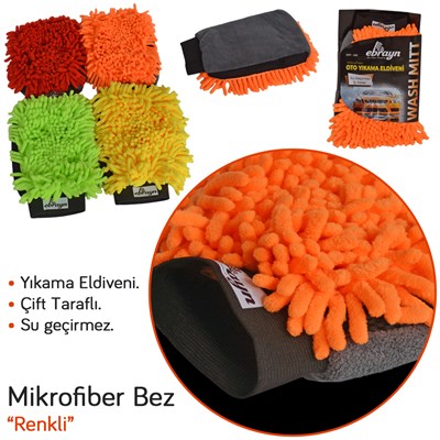 Ebrayn Oto Yıkama Eldiveni Premium Mikrofiber Çift Taraflı Su Geçirmez Renkli EBR-088
