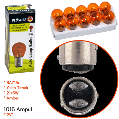 Flösher 12V 1016 Ampul Amber (Orj) Yakın Tırnak 21/5W BAZ15d (7225) FLS 5330-AG (10 lu)