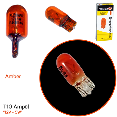Flösher 12V T10 Ampul Büyük Dipsiz 5W Orijinal Cam Amber FLS 42911-AG (10 lu)