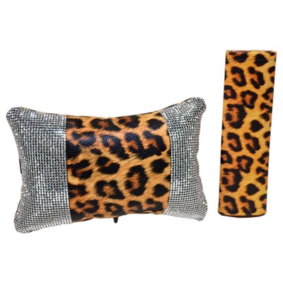 NYF Fox Boyun Yastığı ve Kemer Yastığı Seti Pırlanta Taşlı Leopar Sarı