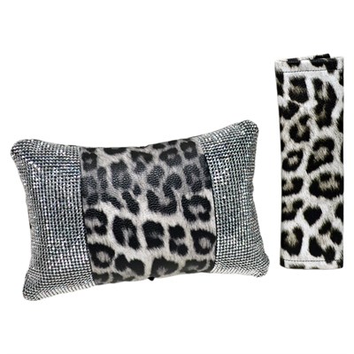 NYF Fox Boyun Yastığı ve Kemer Yastığı Seti Pırlanta Taşlı Leopar Beyaz