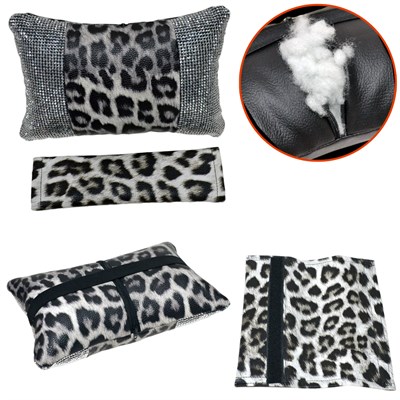 NYF Fox Boyun Yastığı ve Kemer Yastığı Seti Pırlanta Taşlı Leopar Beyaz