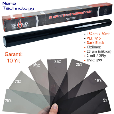 Guard Sputtering Cam Filmi VLT %15 Dark Black 152 cm x 30 Mt (Nano Teknoloji)