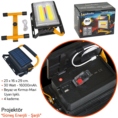 Lambada Projektör Güneş Enerjili Şarjlı COB Ledli 30W USB li Kırmızı-Mavi 23x16x29 cm BR4500203