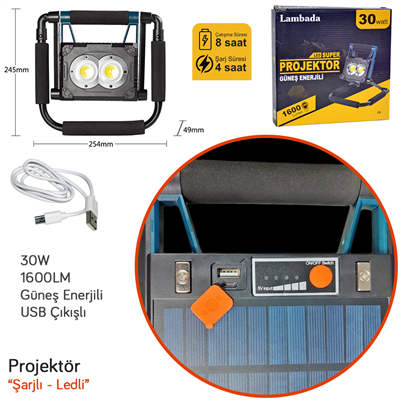Lambada Projektör Güneş Enerjili Şarjlı C.O.B Ledli 30W 1600L USB Çıkışlı BR4500202