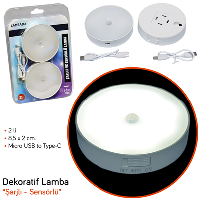 Lambada Şarjlı ve Sensörlü Lamba 2 li Set 8,5x2 cm BR4456150