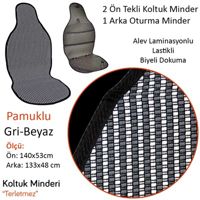 NYF 03 Terletmez Minder Pamuklu Gri-Beyaz 3 lü Set (2 Ön Pilot + 1 Arka Oturma)