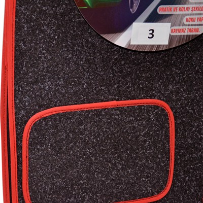 NYF 03 Velur Siyah Halı Paspas Kırçıllı (Biye Kırmızı) 5 Parça