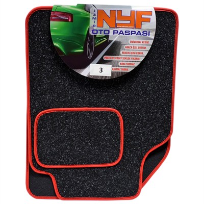 NYF 03 Velur Siyah Halı Paspas Kırçıllı (Biye Kırmızı) 5 Parça