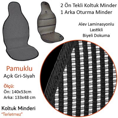 NYF 04 Terletmez Minder Pamuklu Açık Gri-Siyah 3 lü Set (2 Ön Pilot + 1 Arka Oturma)