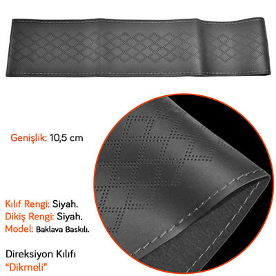NYF 05 Dikmeli Direksiyon Kılıfı Baskılı (Baklava) Siyah (Siyah Dikiş) 38 cm