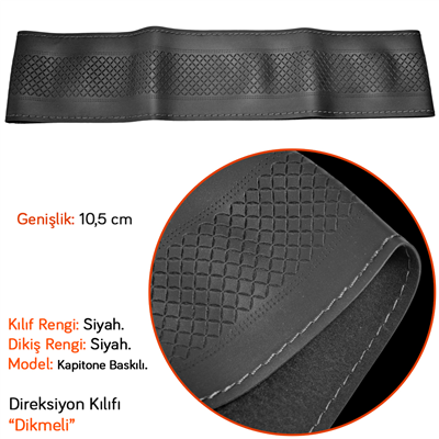 NYF 06 Dikmeli Direksiyon Kılıfı Baskılı (Kapitone) Siyah (Siyah Dikiş) 38 cm