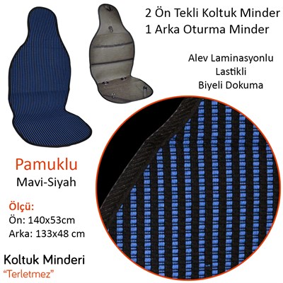NYF 07 Terletmez Minder Pamuklu Mavi-Siyah 3 lü Set (2 Ön Pilot + 1 Arka Oturma)