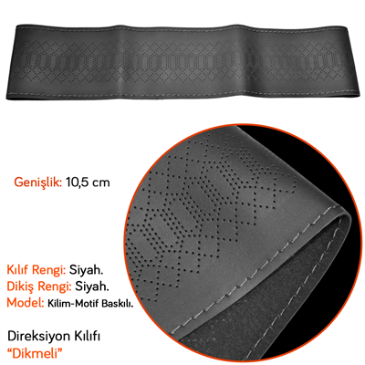 NYF 08 Dikmeli Direksiyon Kılıfı Baskılı (Kilim-Mofit) Siyah (Siyah Dikiş) 38 cm