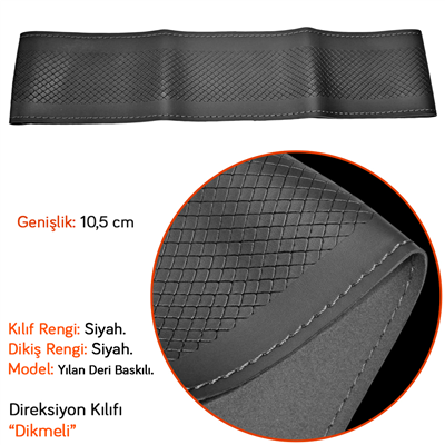 NYF 10 Dikmeli Direksiyon Kılıfı Baskılı (Yılan Deri) Siyah (Siyah Dikiş) 38 cm
