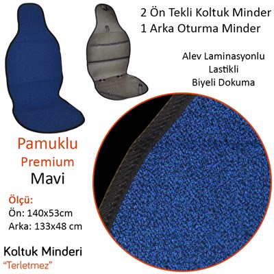 NYF 55 Terletmez Minder Premium Pamuklu Mavi 3 lü Set (2 Ön Pilot + 1 Arka Oturma)