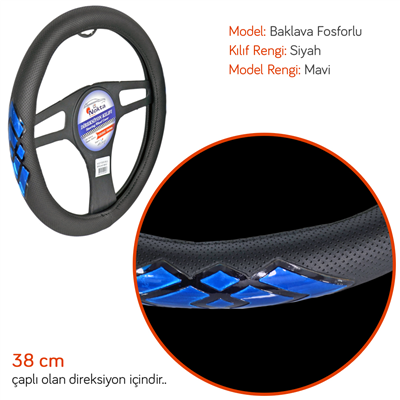 NYF A-02 Geçmeli Direksiyon Kılıfı Fosforlu Siyah (Baklava Mavi) 38 cm