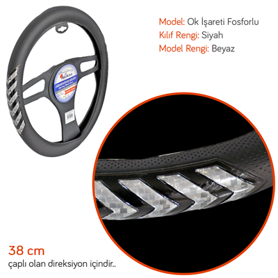 NYF A-08 Geçmeli Direksiyon Kılıfı Fosforlu Siyah (Ok İşareti Beyaz) 38 cm