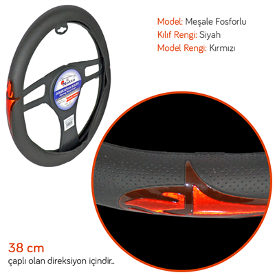 NYF A-12 Geçmeli Direksiyon Kılıfı Fosforlu Siyah (Meşale Kırmızı) 38 cm