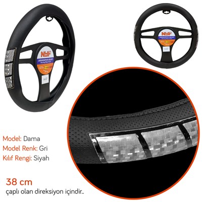 NYF A-17 Geçmeli Direksiyon Kılıfı Fosforlu Siyah (Dama Gri) 38 cm
