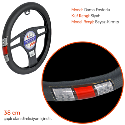 NYF A-18 Geçmeli Direksiyon Kılıfı Fosforlu Siyah (Dama Kırmızı-Beyaz) 38 cm