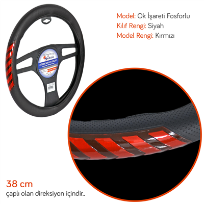 NYF A-20 Geçmeli Direksiyon Kılıfı Fosforlu Siyah (Ok İşareti Kırmızı) 38 cm