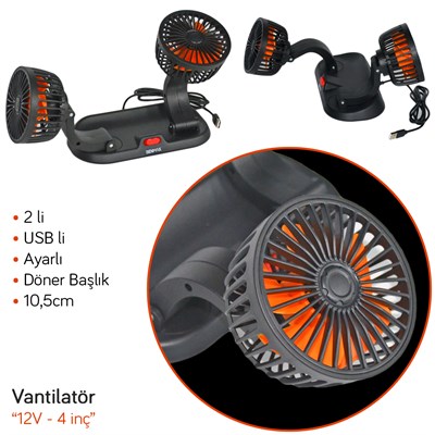 NYF Benmax Oto Vantilatör Çift Fanlı Döner Başlık USB Bağlantılı BX14 042