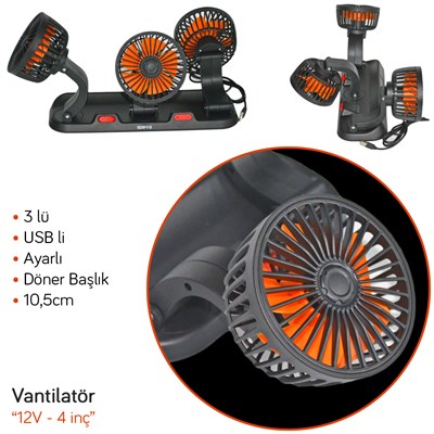 NYF Benmax Oto Vantilatör Üç Fanlı Döner Başlık USB Bağlantılı BX14 043