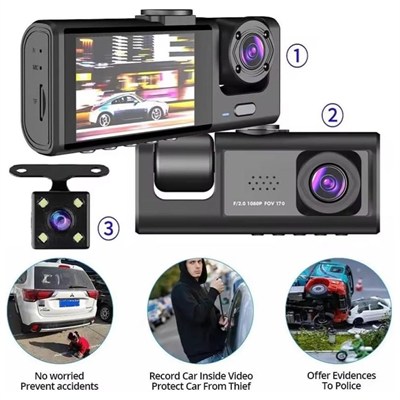 NYF DVR Kayıt Cihazı Araç İçi 2 inç Ekranlı Park Kitli Üç Kameralı Vantuzlu (64GB Destekli)