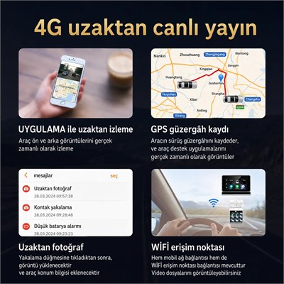 NYF DVR Kayıt Cihazı Araç İçi 3 inç 2K 4G Bağlantı Destekli+GPS+Wifi İki Kameralı (512 GB Destek)