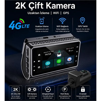NYF DVR Kayıt Cihazı Araç İçi 3 inç 2K 4G Bağlantı Destekli+GPS+Wifi İki Kameralı (512 GB Destek)
