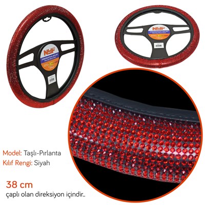 NYF F-1501 Geçmeli Direksiyon Kılıfı Taşlı Kırmızı Full 38 cm