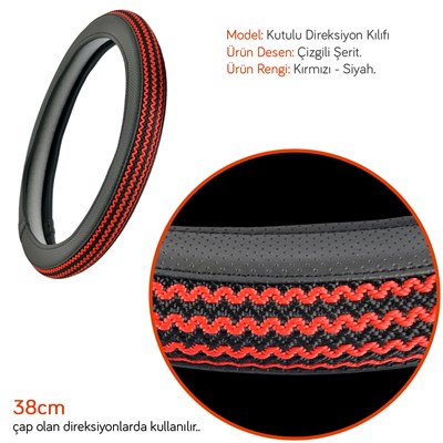 NYF F-326 Geçmeli Direksiyon Kılıfı Çizgili Kırmızı-Siyah Şerit 38 cm