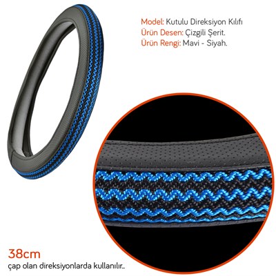NYF F-327 Geçmeli Direksiyon Kılıfı Çizgili Mavi-Siyah Şerit 38 cm