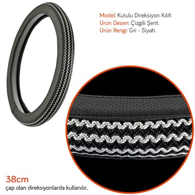 NYF F-328 Geçmeli Direksiyon Kılıfı Çizgili Gri-Siyah Şerit 38 cm
