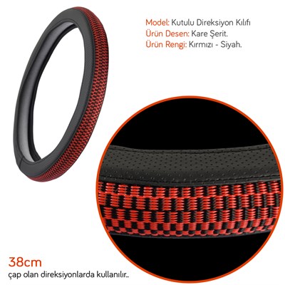 NYF F-329 Geçmeli Direksiyon Kılıfı Kare Kırmızı-Siyah Şerit 38 cm