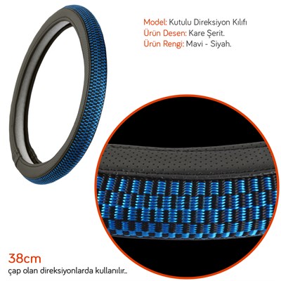 NYF F-330 Geçmeli Direksiyon Kılıfı Kare Mavi-Siyah Şerit 38 cm