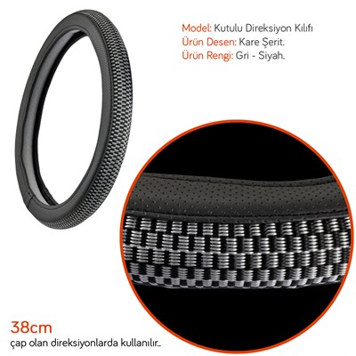 NYF F-331 Geçmeli Direksiyon Kılıfı Kare Gri-Siyah Şerit 38 cm
