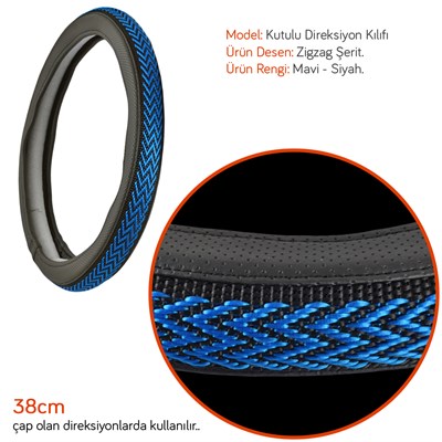 NYF F-333 Geçmeli Direksiyon Kılıfı Zigzag Mavi-Siyah Şerit 38 cm