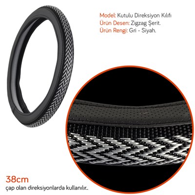 NYF F-334 Geçmeli Direksiyon Kılıfı Zigzag Gri-Siyah Şerit 38 cm