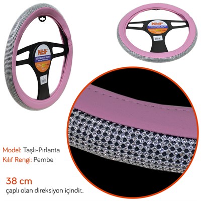NYF F-391 Geçmeli Direksiyon Kılıfı Taşlı Pırlanta Pembe 38 cm