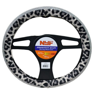 NYF F-397 Geçmeli Direksiyon Kılıfı Taşlı Pırlanta Leopar Beyaz 38 cm