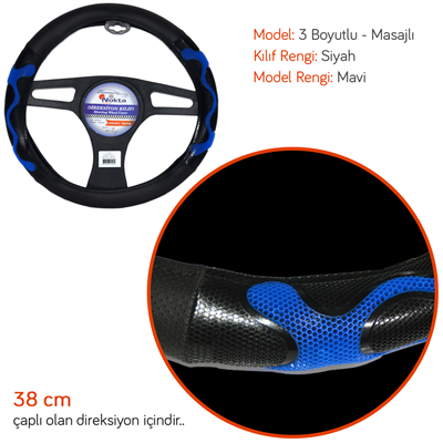 NYF F-435 Geçmeli Direksiyon Kılıfı 3 Boyutlu Masajlı Mavi Suni Deri 38 cm