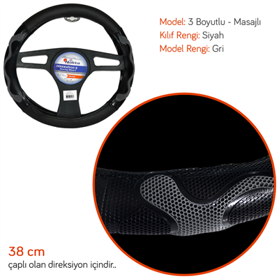 NYF F-436 Geçmeli Direksiyon Kılıfı 3 Boyutlu Masajlı Gri Suni Deri 38 cm