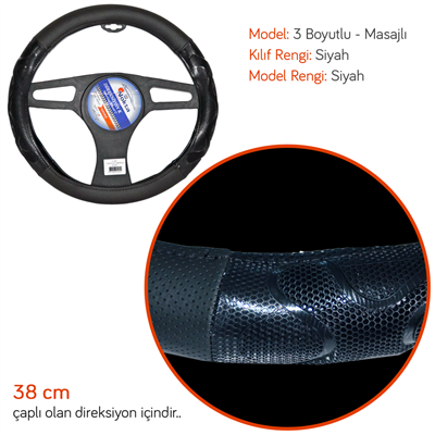 NYF F-442 Geçmeli Direksiyon Kılıfı 3 Boyutlu Masajlı Siyah Suni Deri 38 cm