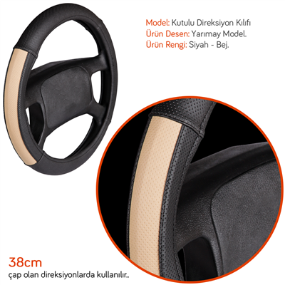 NYF F-46 Geçmeli Direksiyon Kılıfı Yarımay Siyah-Bej 38 cm