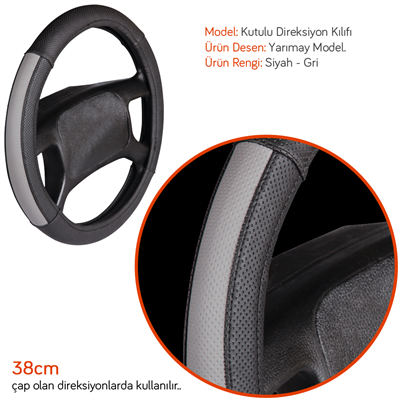 NYF F-48 Geçmeli Direksiyon Kılıfı Yarımay Siyah-Gri 38 cm